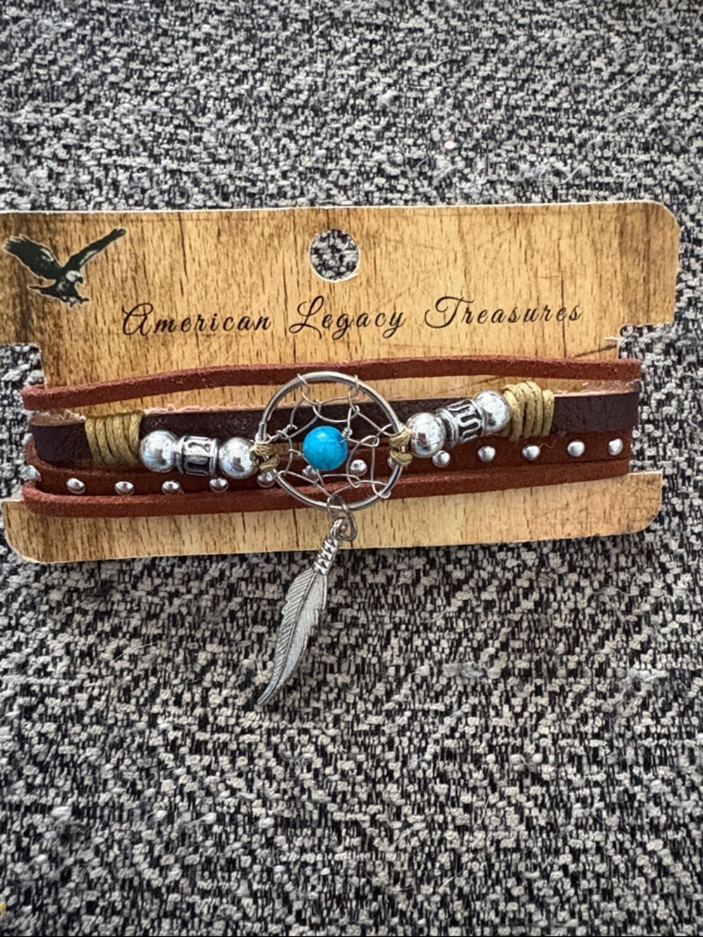 4-4- $25- Unisex Brown Leather Dreamcatcher Wrap Bracelet with Turquoise Bead